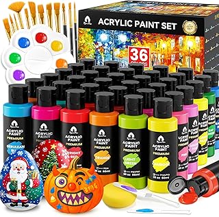 52 Pcs Acrylic Paint Set - 36 Colors (2oz/60ml) with 12 Brushes, 2 Knive...