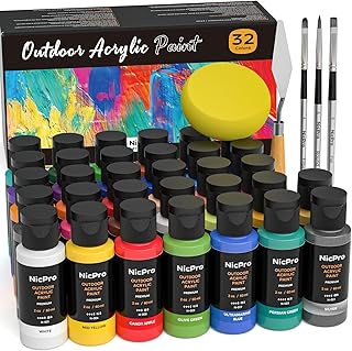 Nicpro 32 Colors Outdoor Acrylic Paint Bulk with Brush and Sponge, Knife...