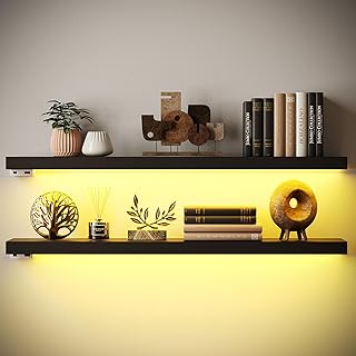 BAMEOS Floating Shelves with LED Light, Wall Mounted Wooden Shelves with...