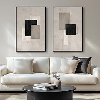 Large Framed Neutral Abstract Wall Art for Living Room, Set of 2 Black a...
