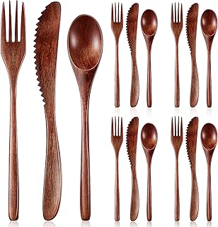 Geiserailie 12 Pcs Wooden Utensils for Eating Wooden Spoon Fork Knife Cu...
