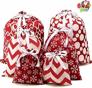 JOYIN 6 PCs Fabric Gift Bags Red Elegant Color with 3 Sizes for Each Sea...