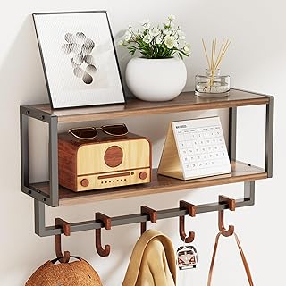 Wall Shelf with Hooks, 2 Tier Coat Rack Wall Mount with Shelf for Entryw...