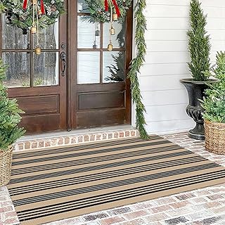 KILOCOCO Brown Striped Rug 4x6 Indoor Outdoor Rugs Hand Woven Cotton Was...