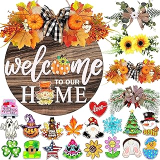 Interchangeable Welcome Sign for Front Door with 4 Seasonal Wreaths and ...