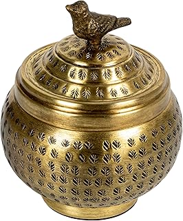 Creative Co-Op Round Hammered Metal Container with Bird Finial, Brass Fi...