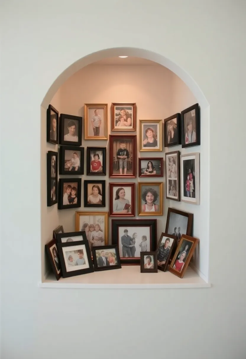 25+ Clever Alcove Ideas for Living Room Storage and Decor - 23. Alcove for Family Photos