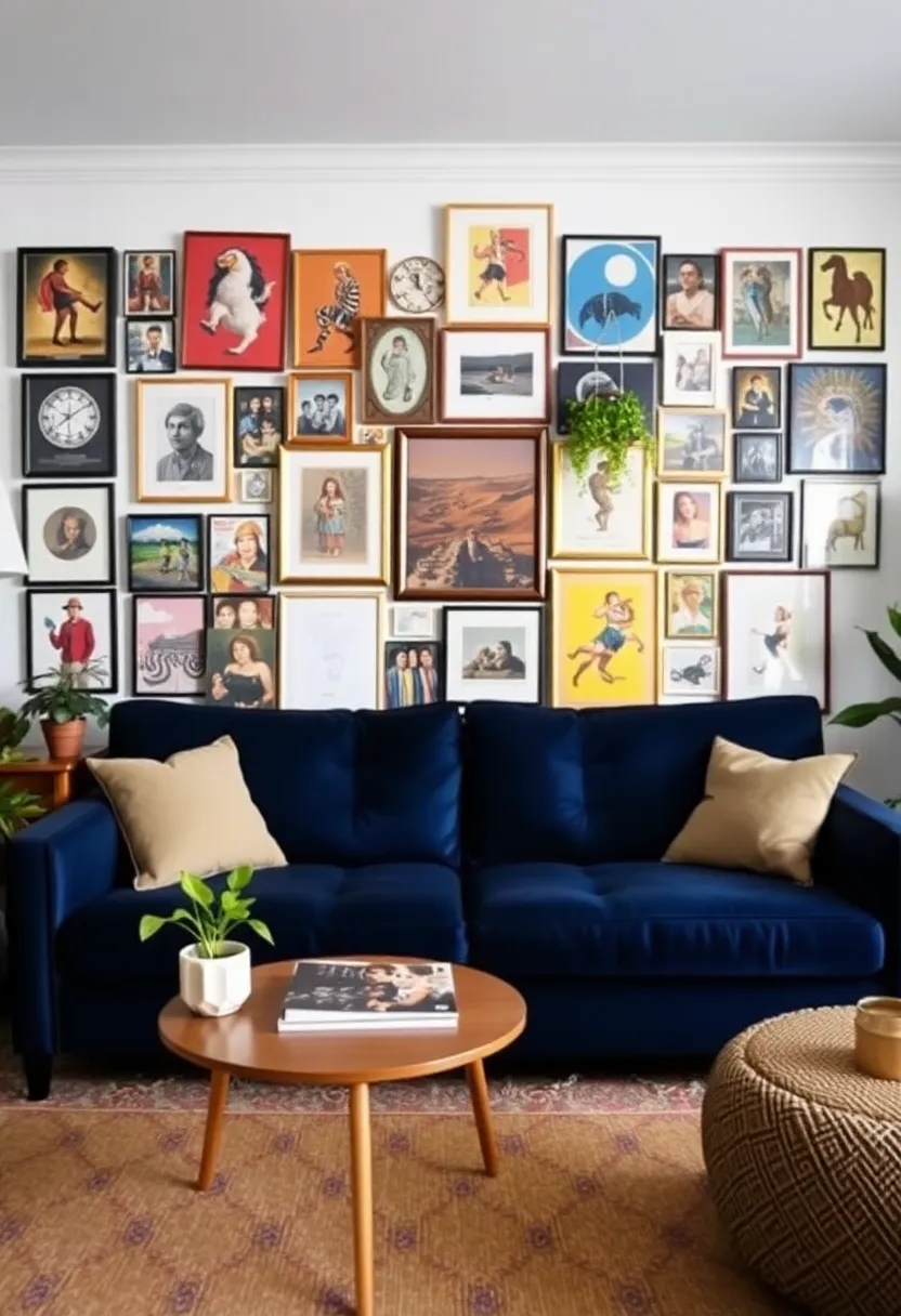 25+ Dark Blue Sofa Living Room Ideas That Feel Modern and Elegant - 10. Art-Filled Walls