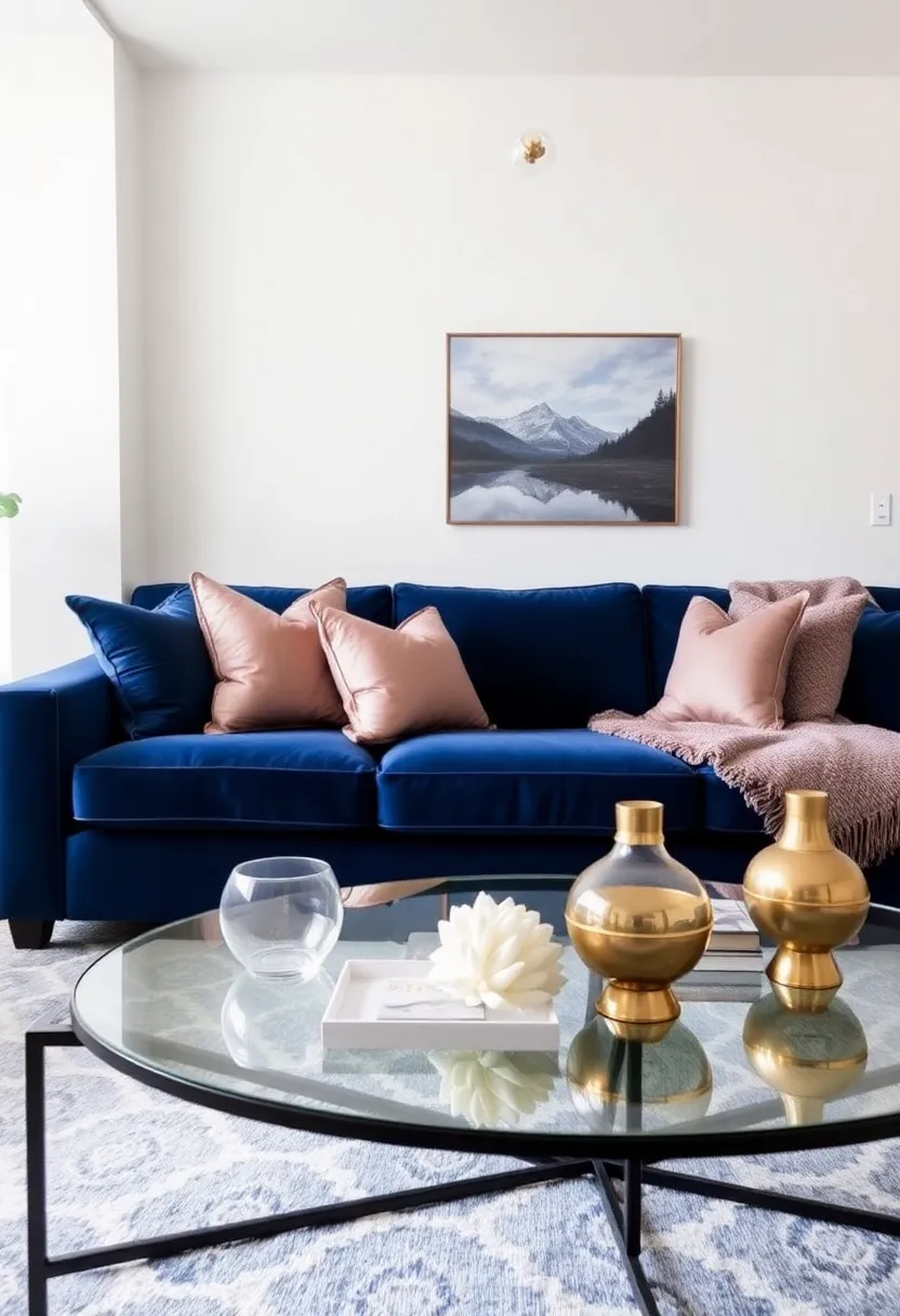 25+ Dark Blue Sofa Living Room Ideas That Feel Modern and Elegant - 11. Elegant Accessories