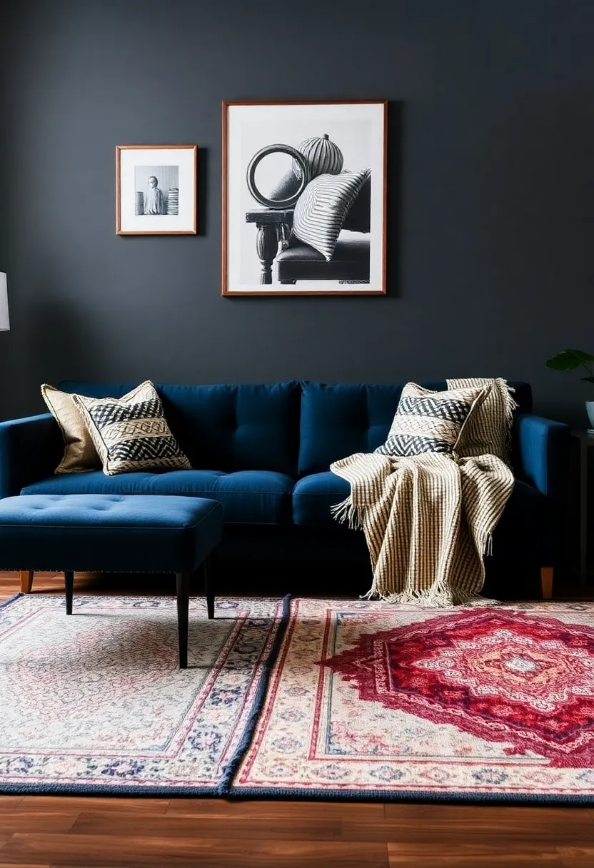 25+ Dark Blue Sofa Living Room Ideas That Feel Modern and Elegant - 13. Layering with Rugs