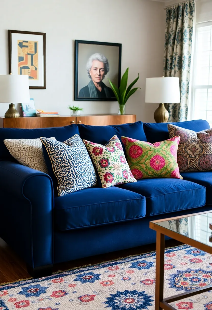 25+ Dark Blue Sofa Living Room Ideas That Feel Modern and Elegant - 14. Mix of Patterns