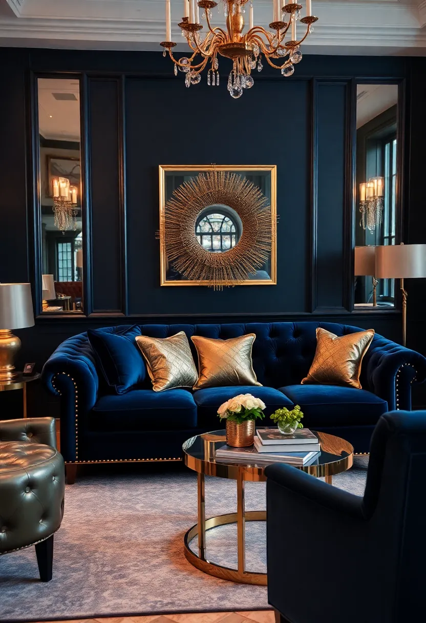 25+ Dark Blue Sofa Living Room Ideas That Feel Modern and Elegant - 15. A Touch of Glam