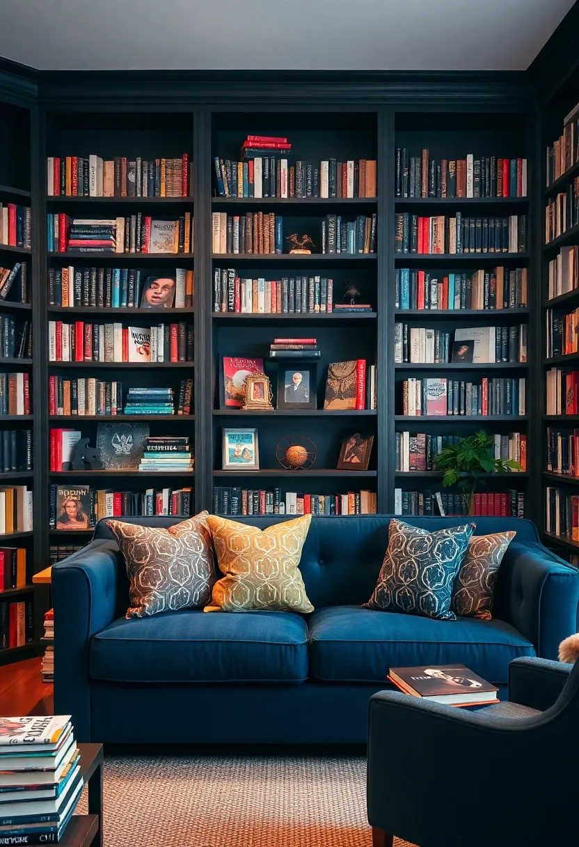 25+ Dark Blue Sofa Living Room Ideas That Feel Modern and Elegant - 16. Home Library