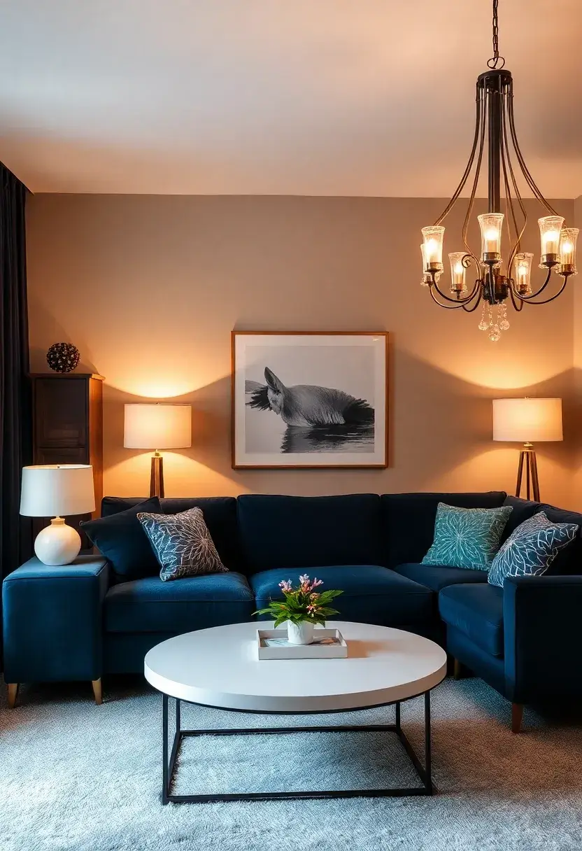 25+ Dark Blue Sofa Living Room Ideas That Feel Modern and Elegant - 17. Beautiful Lighting
