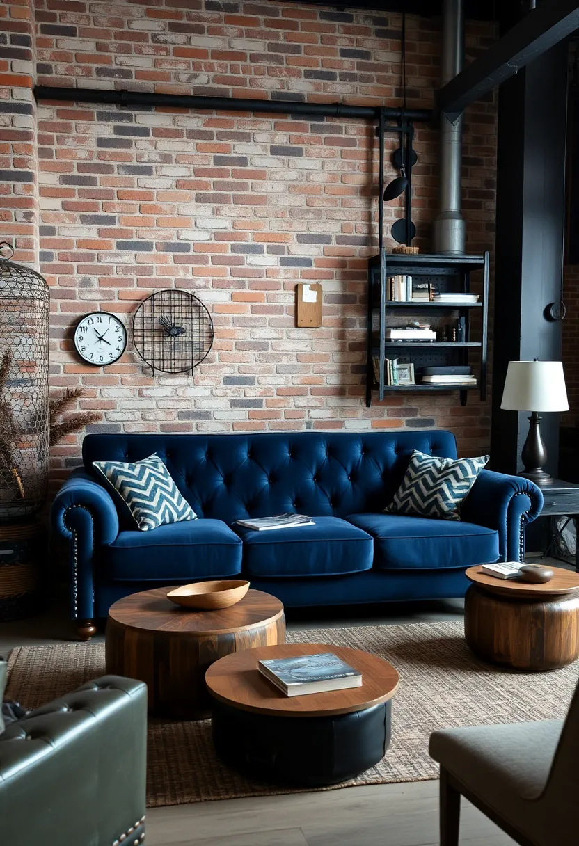 25+ Dark Blue Sofa Living Room Ideas That Feel Modern and Elegant - 19. Industrial Touch