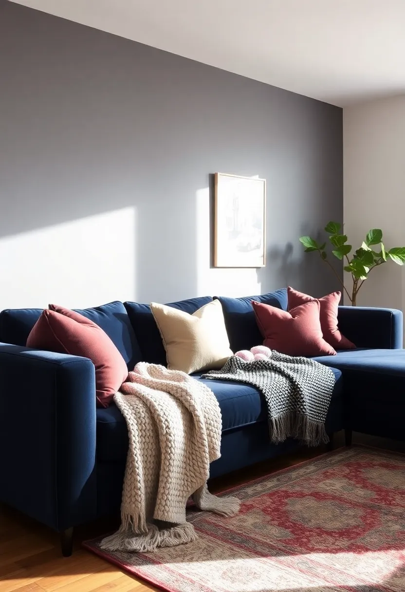25+ Dark Blue Sofa Living Room Ideas That Feel Modern and Elegant - 2. Layered Textures
