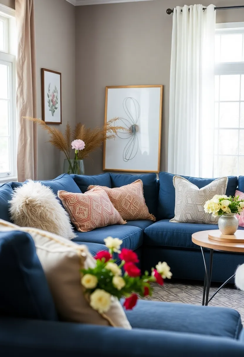 25+ Dark Blue Sofa Living Room Ideas That Feel Modern and Elegant - 21. Seasonal Decor