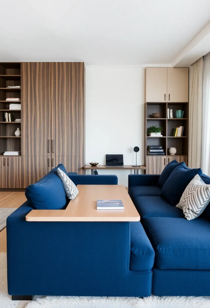 25+ Dark Blue Sofa Living Room Ideas That Feel Modern and Elegant - 22. Multi-Functional Spaces