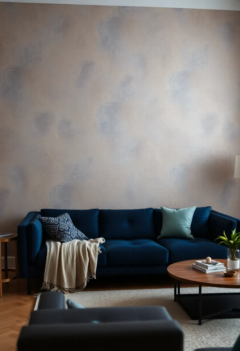 25+ Dark Blue Sofa Living Room Ideas That Feel Modern and Elegant - 23. Creative Wall Treatments