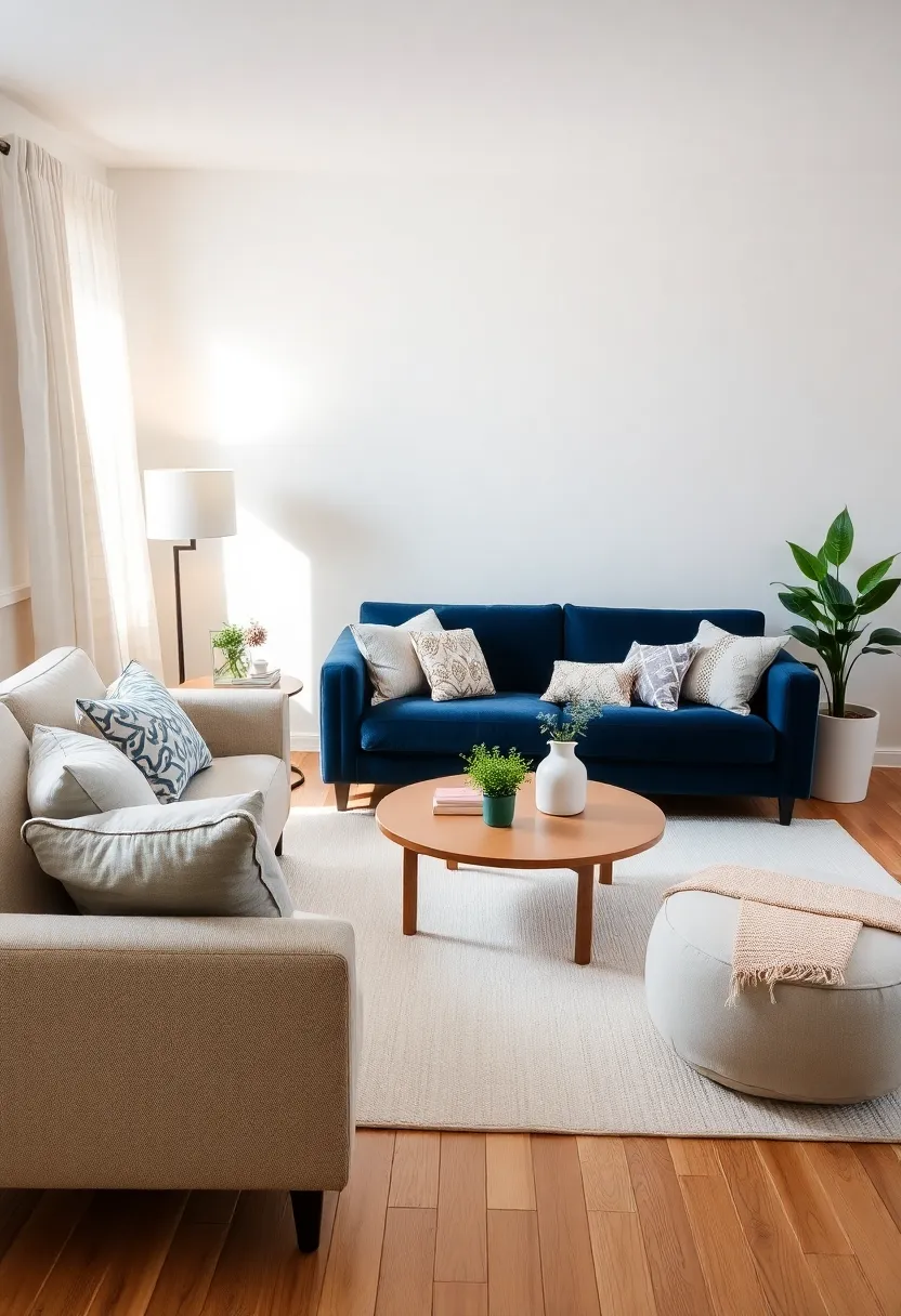 25+ Dark Blue Sofa Living Room Ideas That Feel Modern and Elegant - 3. Blue Meets Neutral
