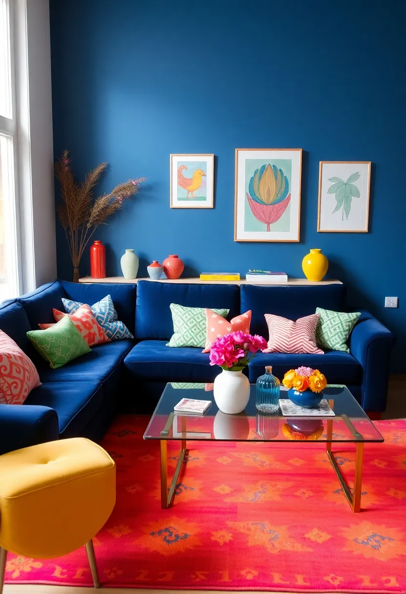25+ Dark Blue Sofa Living Room Ideas That Feel Modern and Elegant - 4. Pops of Bright Colors