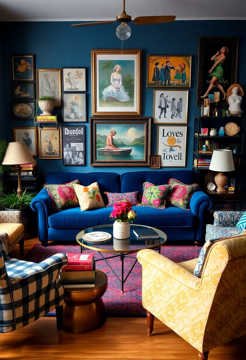 25+ Dark Blue Sofa Living Room Ideas That Feel Modern and Elegant - 6. Eclectic Mix