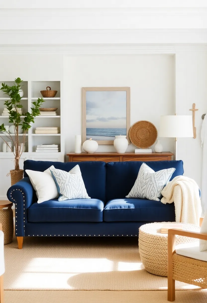 25+ Dark Blue Sofa Living Room Ideas That Feel Modern and Elegant - 7. Coastal Vibes