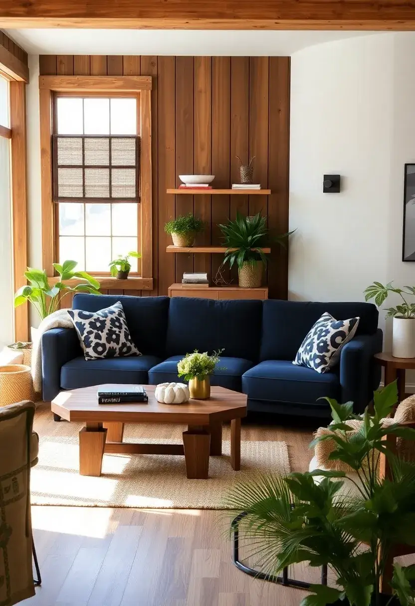 25+ Dark Blue Sofa Living Room Ideas That Feel Modern and Elegant - 8. Modern Rustic