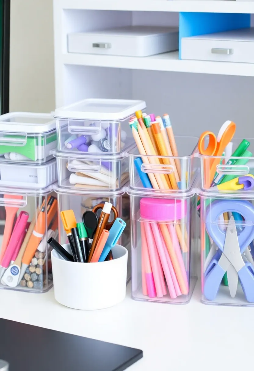 25+ Desk Organization Ideas to Boost Focus and Productivity - 7. Clear Containers for Office Supplies