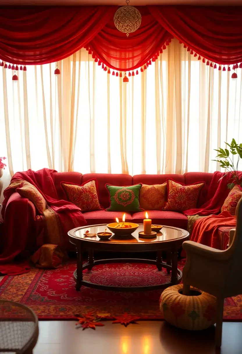 25+ Diwali Decoration Ideas for Living Room to Brighten Up Your Festive Space - 12. Ethnic Fabric Draping