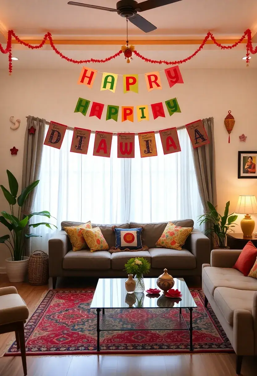 25+ Diwali Decoration Ideas for Living Room to Brighten Up Your Festive Space - 20. Handmade Greeting Banners
