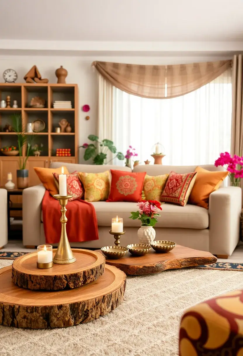 25+ Diwali Decoration Ideas for Living Room to Brighten Up Your Festive Space - 21. Natural Wood Accents