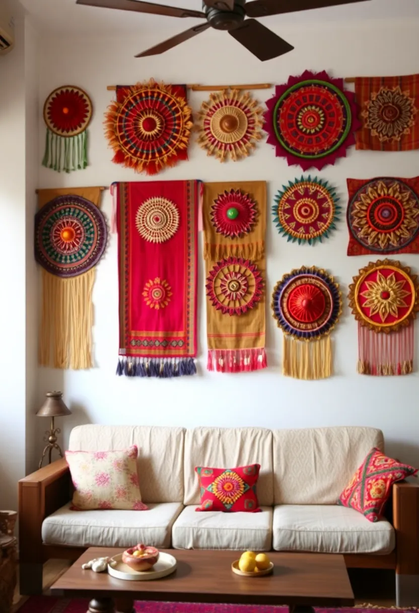 25+ Diwali Decoration Ideas for Living Room to Brighten Up Your Festive Space - 7. Colorful Wall Hangings