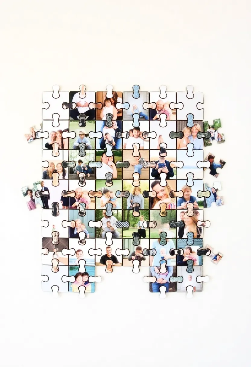25+ Family Picture Wall Ideas for Living Room Memories 58 25+ Family Picture Wall Ideas for Living Room Memories - 10. Puzzle Piece Photo Arrangement