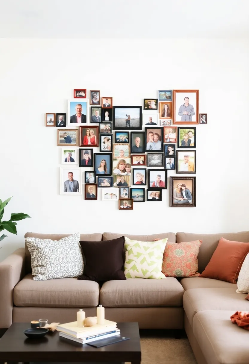 25+ Family Picture Wall Ideas for Living Room Memories 65 25+ Family Picture Wall Ideas for Living Room Memories - 11. Heart-Shaped Photo Arrangement