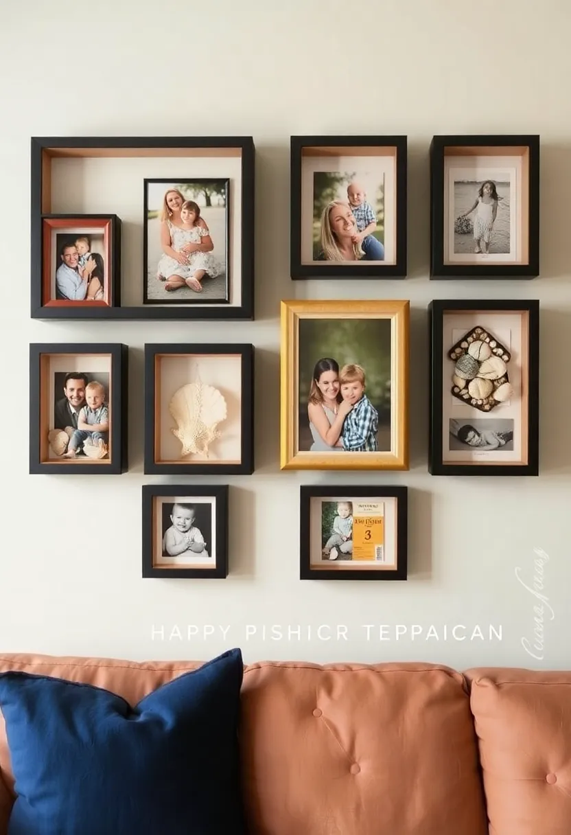 25+ Family Picture Wall Ideas for Living Room Memories 98 25+ Family Picture Wall Ideas for Living Room Memories - 16. Shadow Box Frames