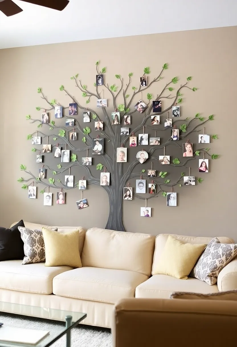 25+ Family Picture Wall Ideas for Living Room Memories 13 25+ Family Picture Wall Ideas for Living Room Memories - 3. Family Tree Photo Display