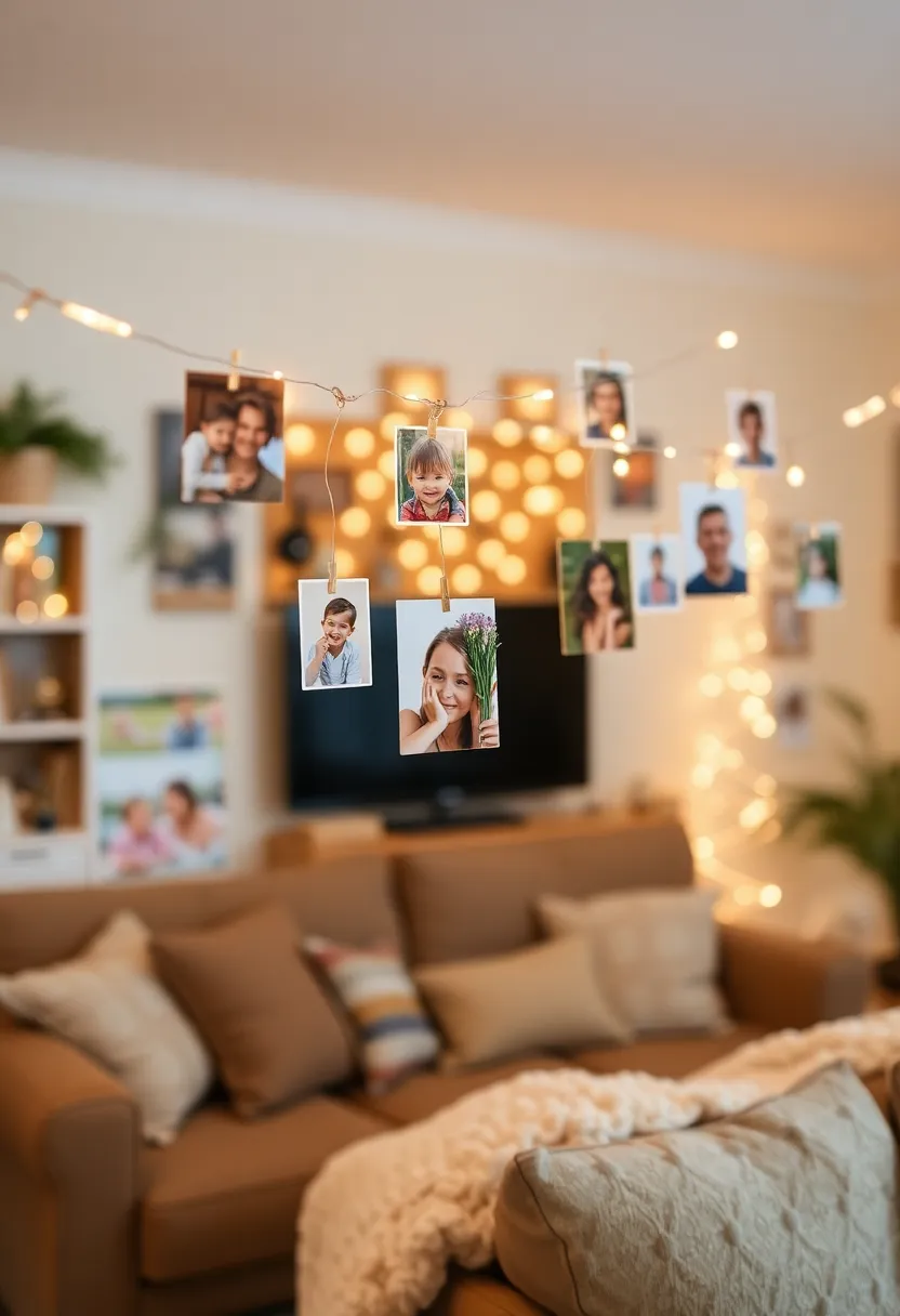 25+ Family Picture Wall Ideas for Living Room Memories 30 25+ Family Picture Wall Ideas for Living Room Memories - 6. String Lights and Photos Combo