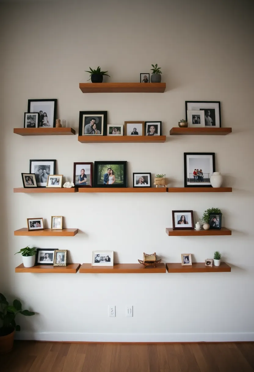 25+ Family Picture Wall Ideas for Living Room Memories 44 25+ Family Picture Wall Ideas for Living Room Memories - 8. Floating Shelves Display