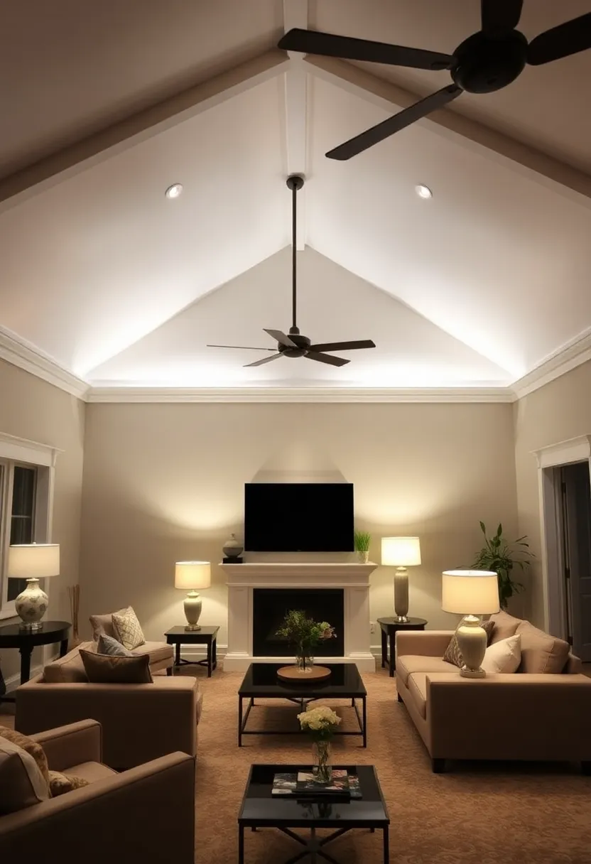 25+ Half Vaulted Ceiling Living Room Ideas for Spacious Style - 11. Layered Lighting