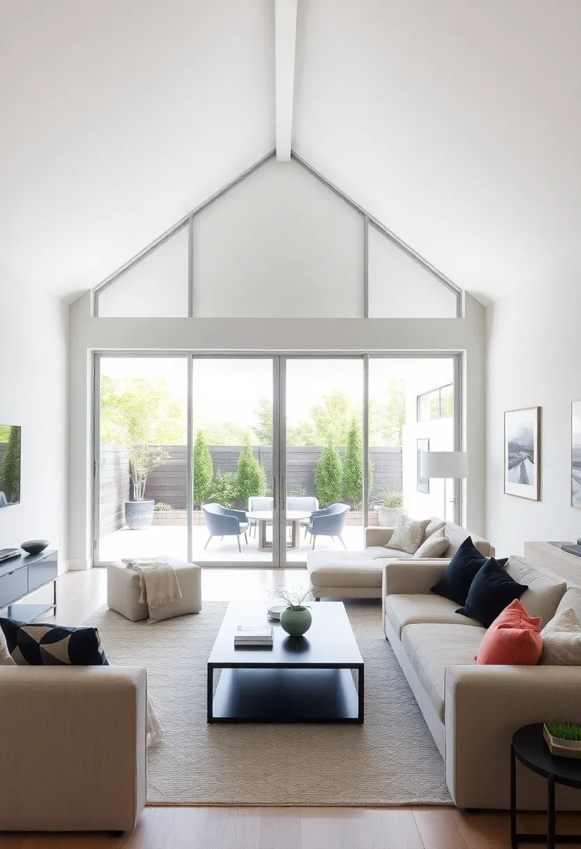 25+ Half Vaulted Ceiling Living Room Ideas for Spacious Style - 15. Minimalist Sliding Doors