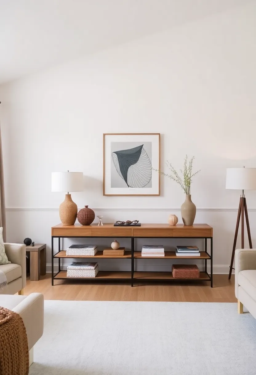 25+ Half Vaulted Ceiling Living Room Ideas for Spacious Style - 20. Chic Console Tables