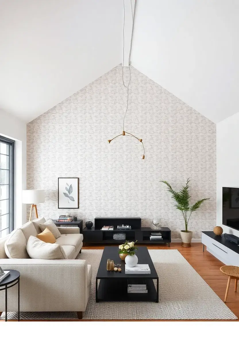 25+ Half Vaulted Ceiling Living Room Ideas for Spacious Style - 21. Textured Wallpaper
