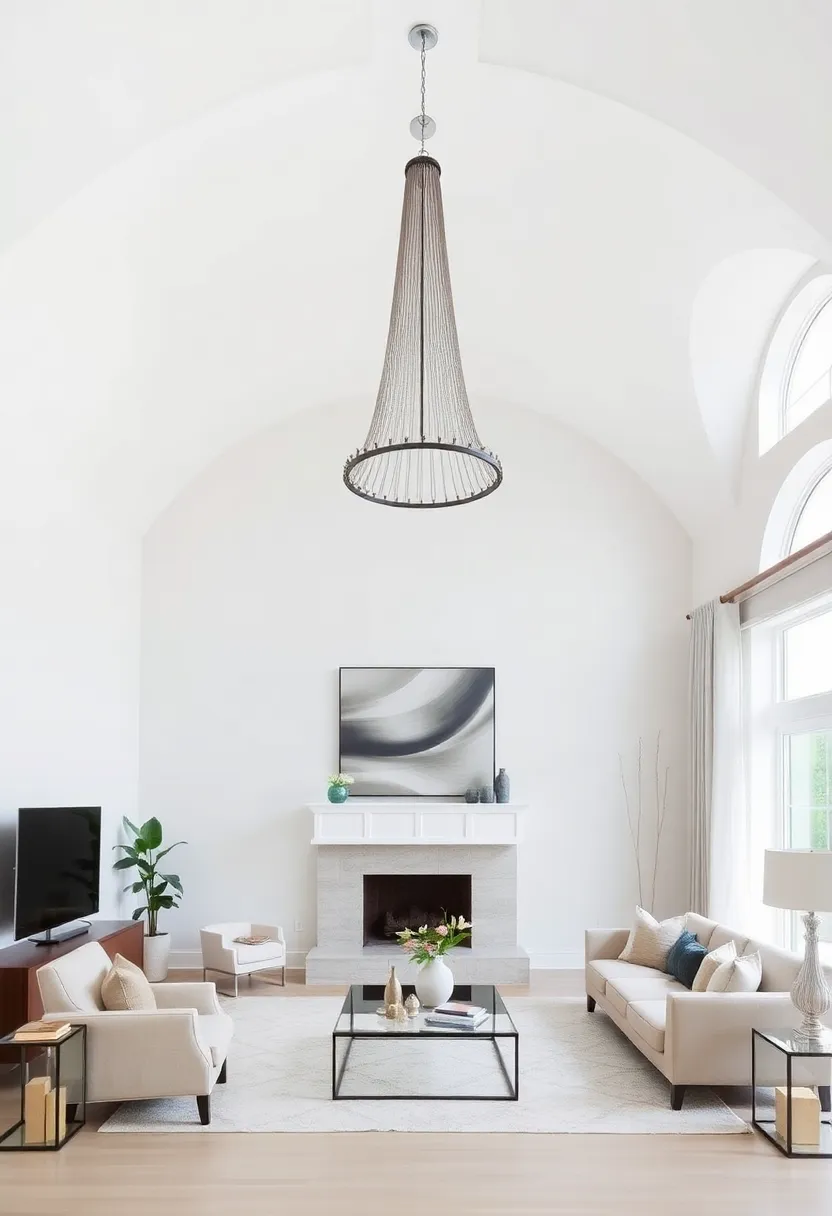 25+ Half Vaulted Ceiling Living Room Ideas for Spacious Style - 3. Statement Lighting Fixtures
