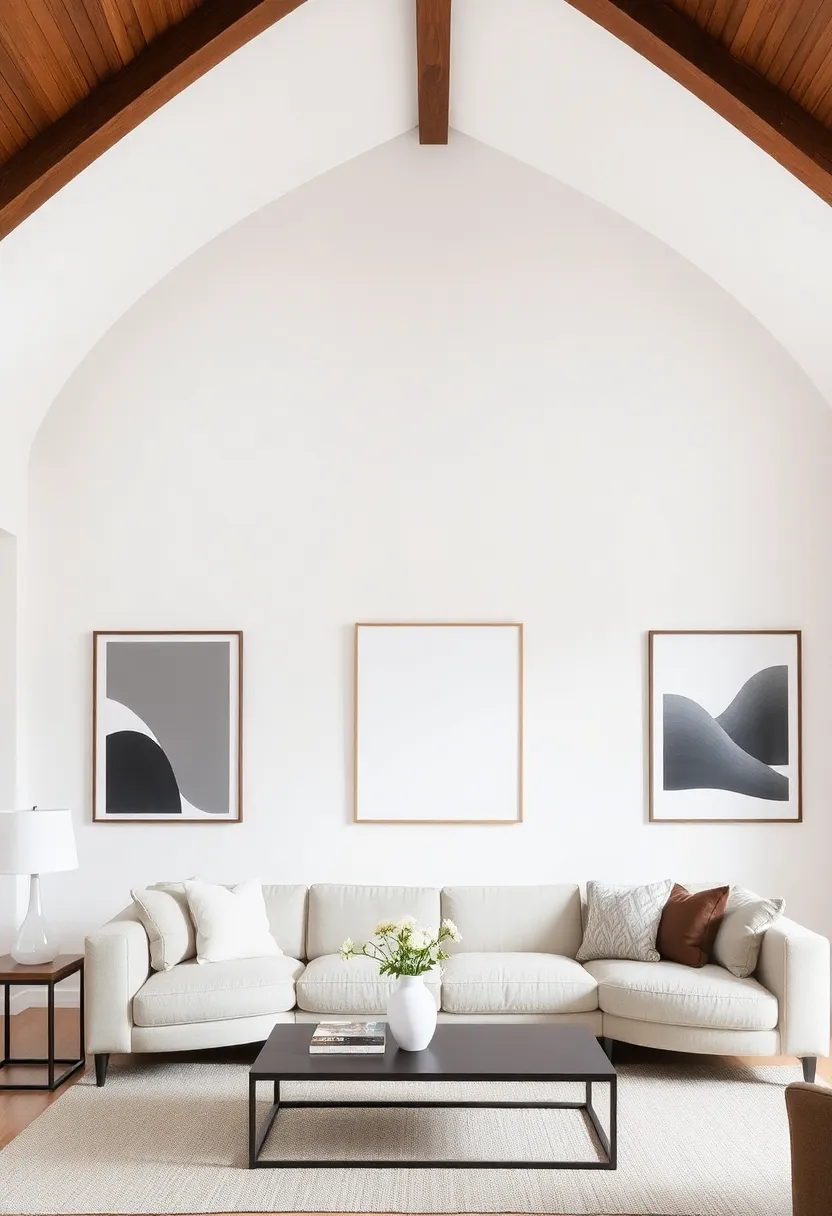 25+ Half Vaulted Ceiling Living Room Ideas for Spacious Style - 8. Minimalist Artwork