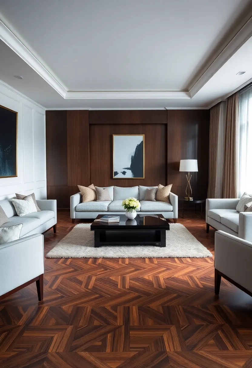 25+ Hardwood Floor Ideas for Living Room Warmth and Elegance - 19. Parquet Flooring for Geometric Flair