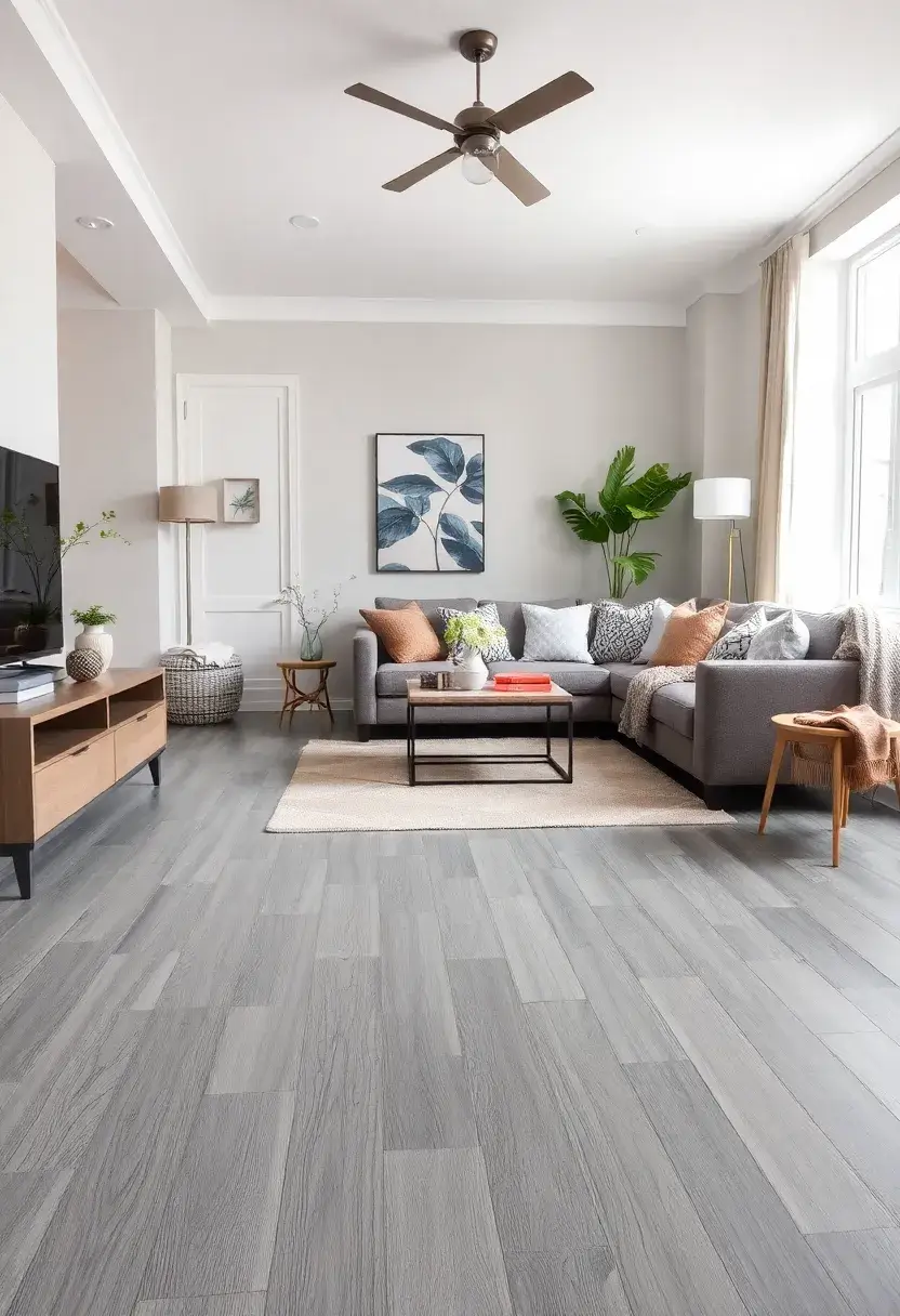 25+ Hardwood Floor Ideas for Living Room Warmth and Elegance - 5. Grey Hardwood for Contemporary Style