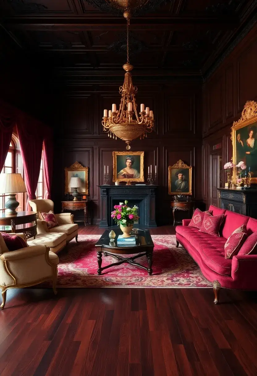 25+ Hardwood Floor Ideas for Living Room Warmth and Elegance - 8. Dark Mahogany for Opulent Charm