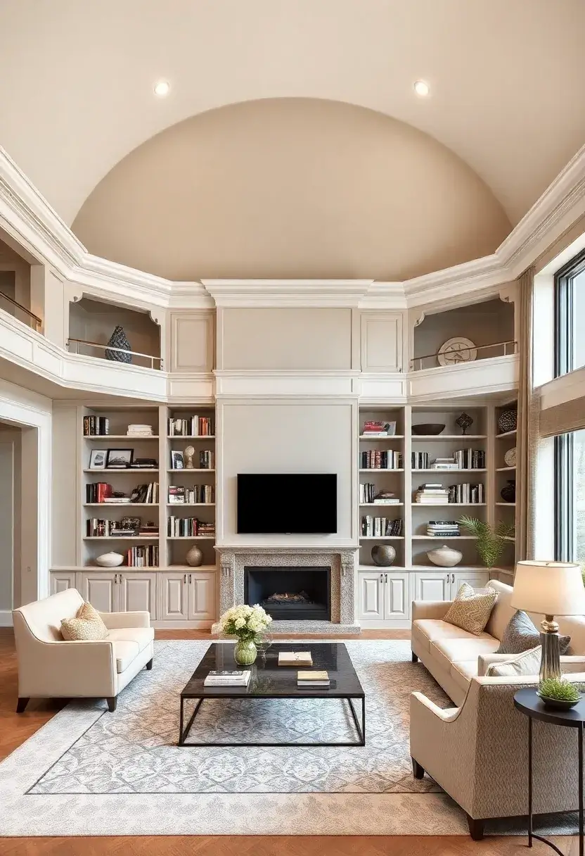 25+ High Ceiling Living Room Ideas to Make a Grand Statement 69 25+ High Ceiling Living Room Ideas to Make a Grand Statement - 11. Custom Built-Ins