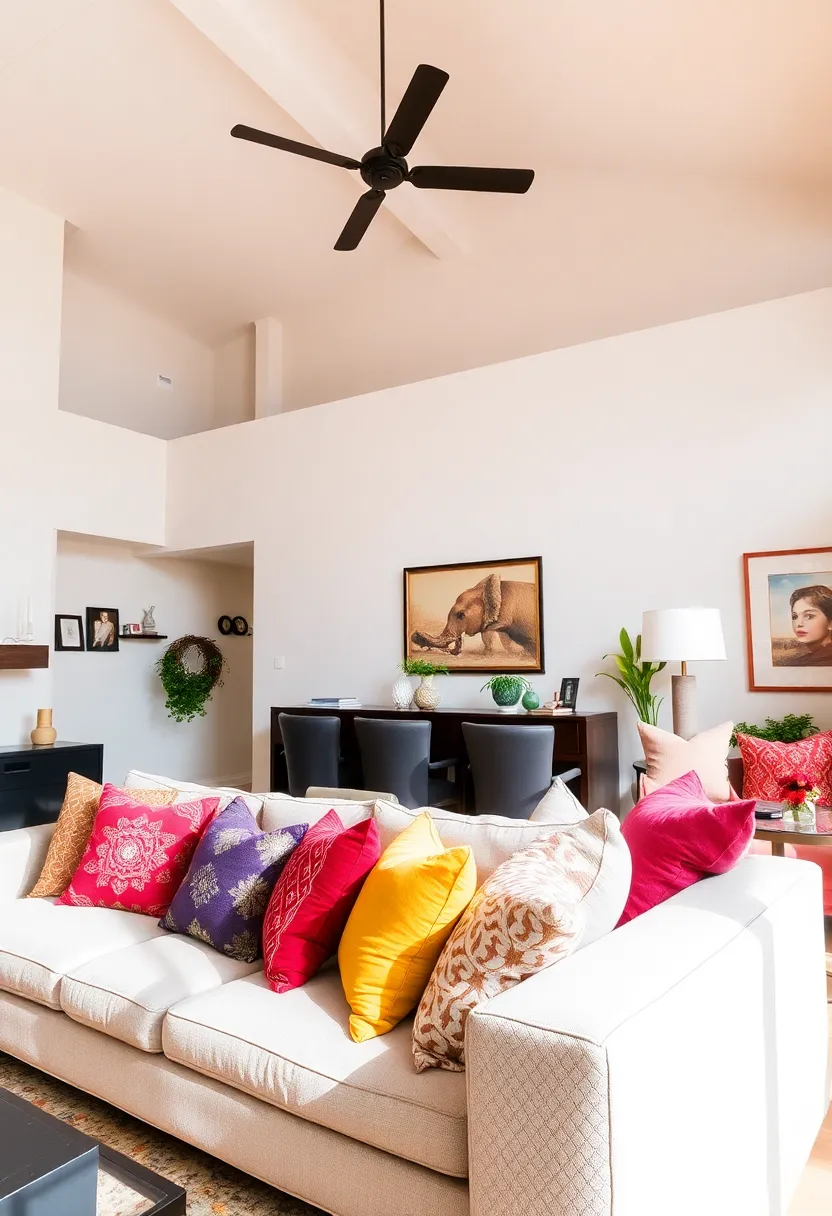 25+ High Ceiling Living Room Ideas to Make a Grand Statement 76 25+ High Ceiling Living Room Ideas to Make a Grand Statement - 12. Colorful Throw Pillows